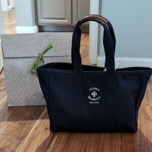 Tory Burch New York Warm Night Canvas Leather Trim Handle Tote + Gift Bag Nwt❤️